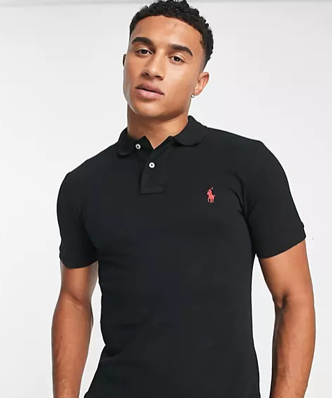 This is a photo of a black polo shirt in the old money style.
